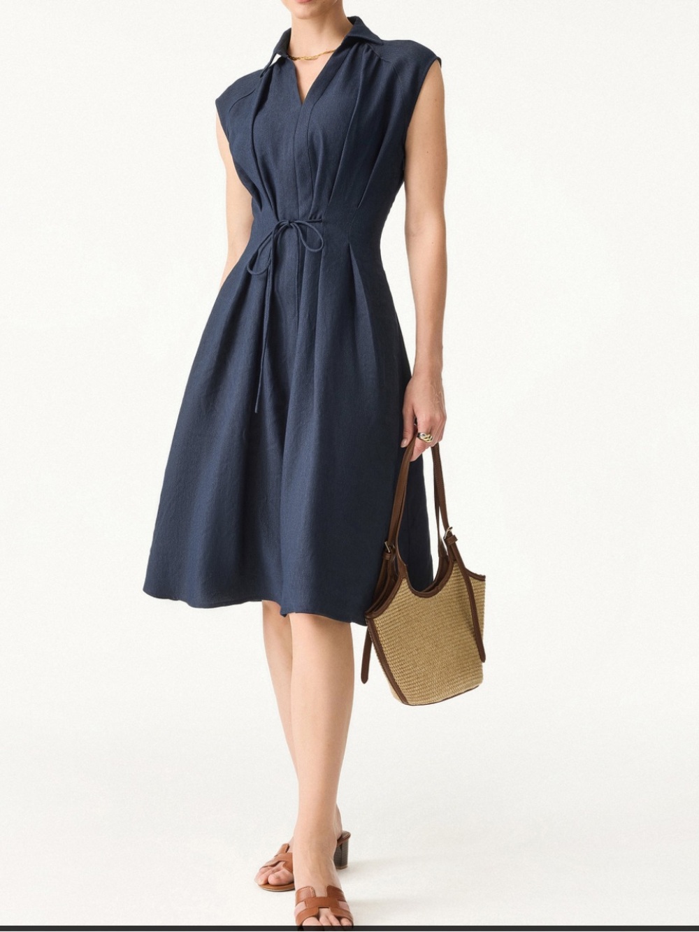 OGL Viscose-Linen Collared V-neck Midi Dress with Drawstring